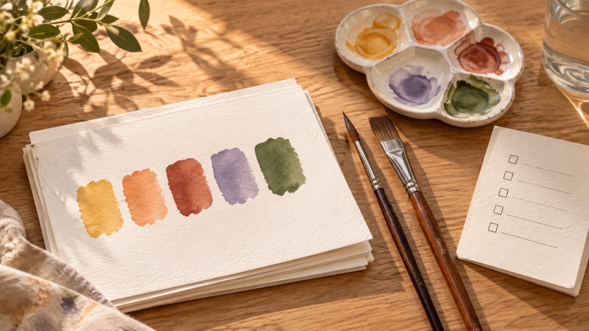 Watercolor paper, color swatches, brushes, a mixing palette, and a materials checklist on a sunlit desk.