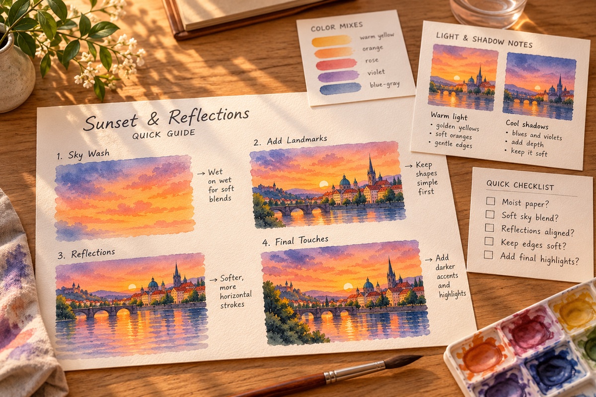 Sunset and reflections watercolor desk guide with painting stages, color mixes, light and shadow notes, and a checklist.