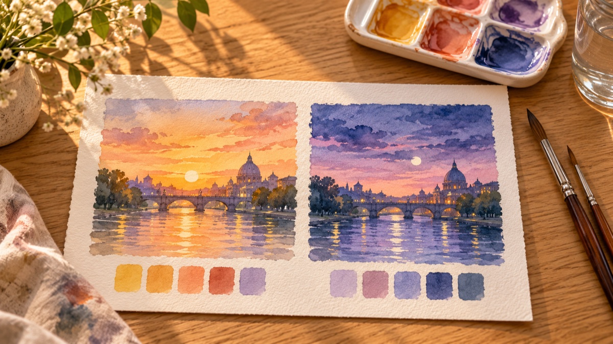 The same riverside skyline painted in warm sunset and cool twilight palettes, with matching color swatches.