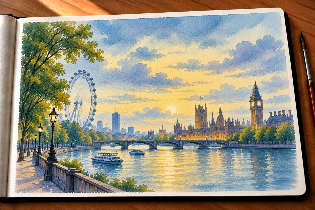 Cool-toned London watercolor in a sketchbook, with the London Eye, Westminster, and golden reflections on the Thames.