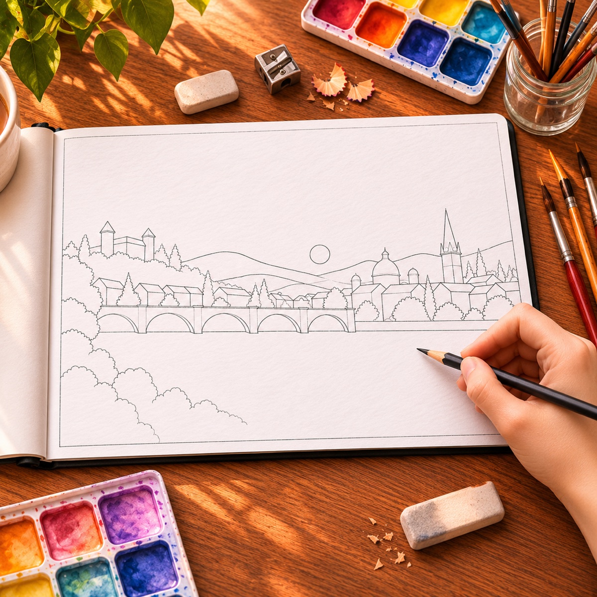Hand adding detailed pencil lines to a sunlit skyline sketch with a castle, arched bridge, and spire.