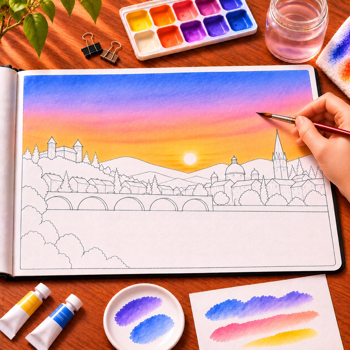 Hand painting a smooth purple, pink, and golden sunset wash above the pencil skyline sketch.