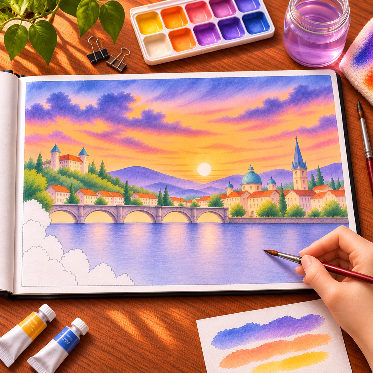 Hand painting soft blue and purple river reflections beneath the arched bridge.