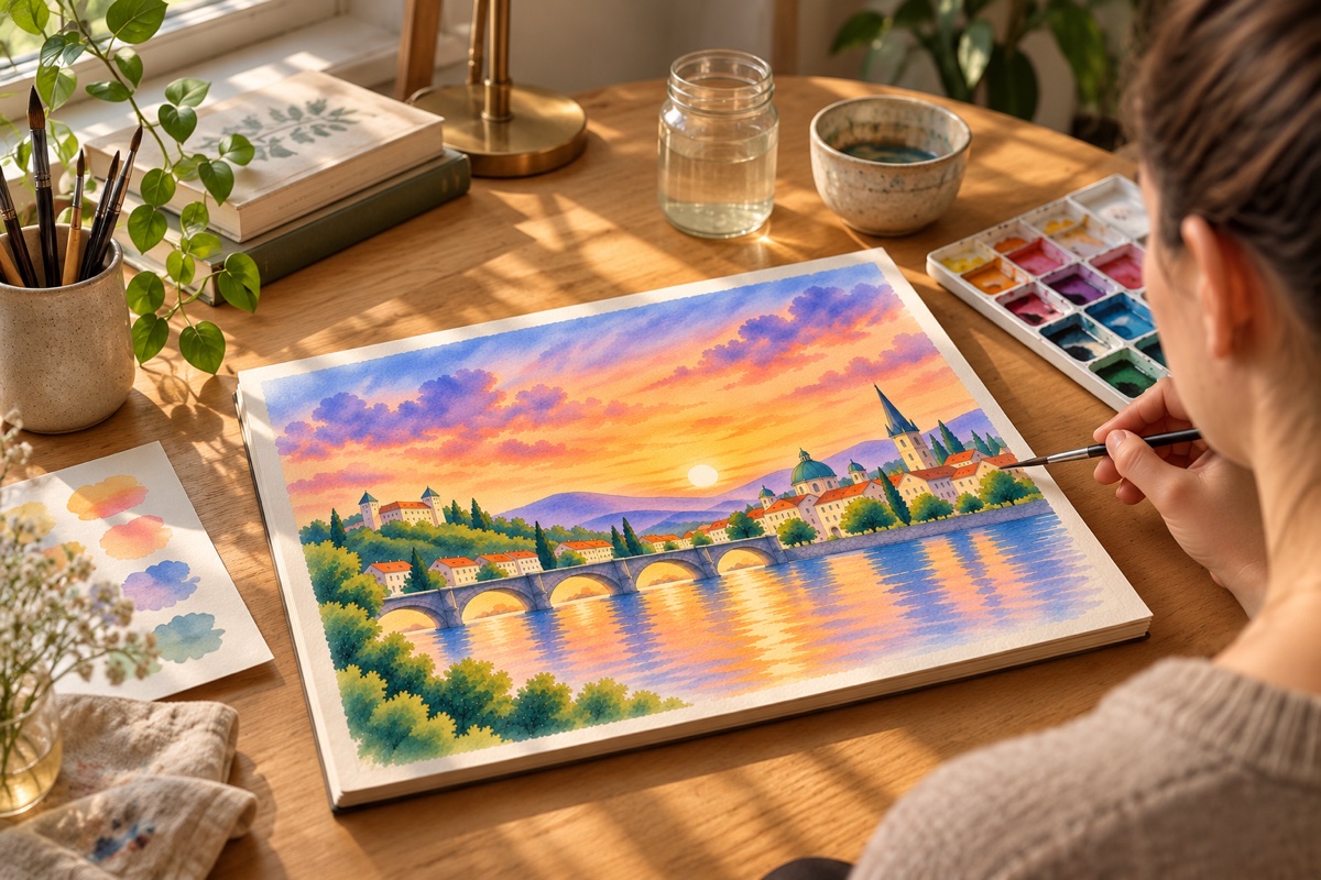 A person painting a sunset riverside watercolor at a sunlit desk beside a window, with brushes, a palette, and color swatches nearby.